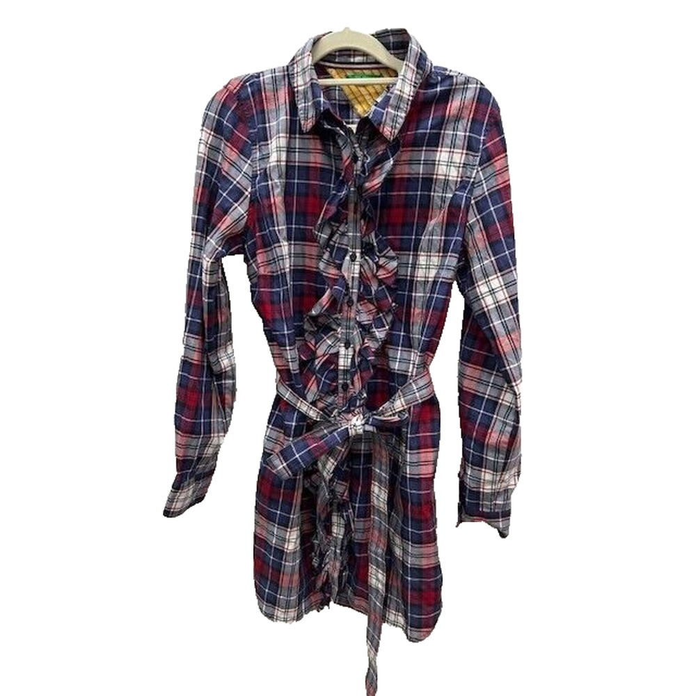 Tommy Hilfiger Red, Navy & White Plaid Ruffle Midi Shirt Dress